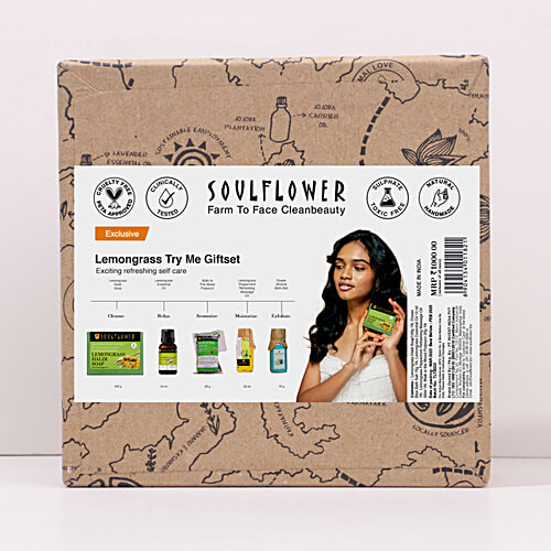 Soulflower Diwalis Day Bath & Body Gift Set, Lemongrass Try Me Gift Pack For Men Women, Skin Care, Organic, 5 pcs