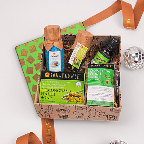 Soulflower Diwalis Day Bath & Body Gift Set, Lemongrass Try Me Gift Pack For Men Women, Skin Care, Organic, 5 pcs