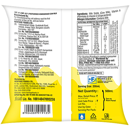 Heritage Sampurna Cow Milk, 500 ml Pouch Pasteurised Homogenised Milk