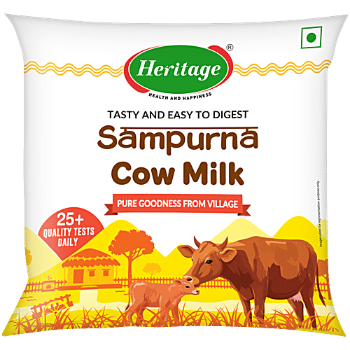 Heritage Sampurna Cow Milk, 500 ml Pouch Pasteurised Homogenised Milk