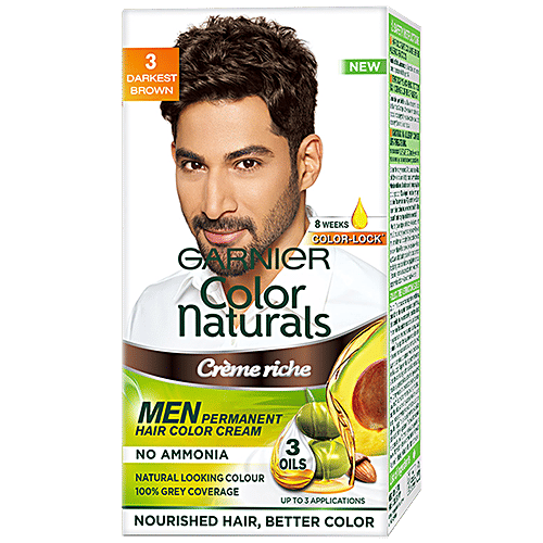 Garnier Men Hair Colour - Color Naturals, For Men, 30 ml + 30 g Shade 3, Darkest Brown 100% Grey Coverage & No Ammonia