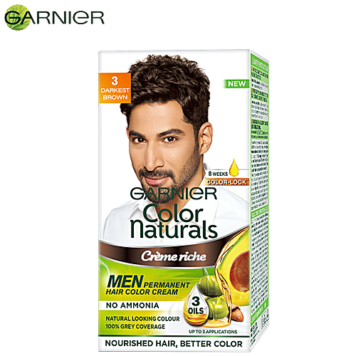 Garnier Men Hair Colour - Color Naturals, For Men, 30 ml + 30 g Shade 3, Darkest Brown 100% Grey Coverage & No Ammonia