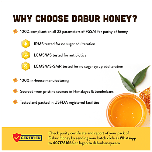 Dabur 100% Pure Honey - Worlds No.1 Honey Brand With No Sugar Adulteration, 225 g (Buy 1 Get 1 Free) 