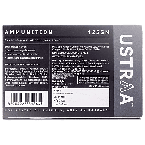 Ustraa Ammunition Cologne Soap - For Men, Anti-Bacterial, With Charcoal & Bay Leaf, 125 g (Pack of 3) Sulphate & Paraben Free