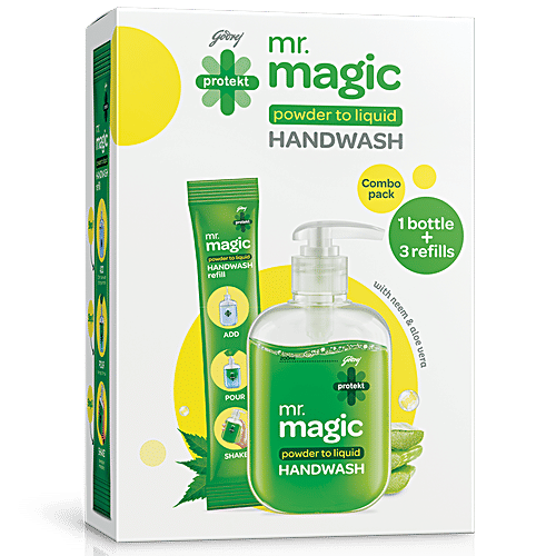 Godrej Protekt Mr. Magic - Powder To Liquid Hand Wash With Neem & Aloe Vera, Germ Protection, 9 g (1 Bottle + 3 Refills) 