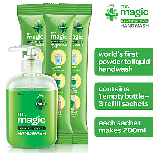 Godrej Protekt Mr. Magic - Powder To Liquid Hand Wash With Neem & Aloe Vera, Germ Protection, 9 g (1 Bottle + 3 Refills) 