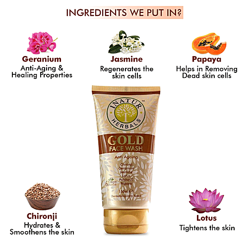 Inatur Anti Ageing Gold Face Wash - 6 Precious Herbs, Sulphate Free & PH Balanced, 150 ml Sulphate Free & PH Balanced