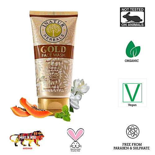 Inatur Anti Ageing Gold Face Wash - 6 Precious Herbs, Sulphate Free & PH Balanced, 150 ml Sulphate Free & PH Balanced