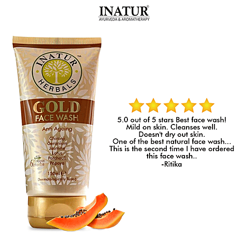 Inatur Anti Ageing Gold Face Wash - 6 Precious Herbs, Sulphate Free & PH Balanced, 150 ml Sulphate Free & PH Balanced