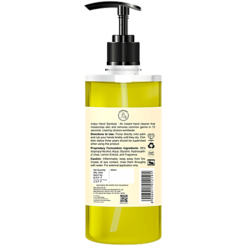 Inatur Refreshing Hand Sanitizer - Lemon Extract, Alcohol Based, Kills 99.9% Germs, 500 ml