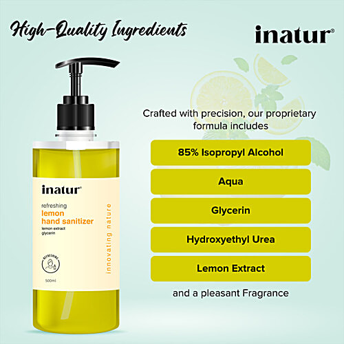 Inatur Refreshing Hand Sanitizer - Lemon Extract, Alcohol Based, Kills 99.9% Germs, 500 ml