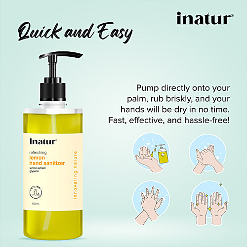 Inatur Refreshing Hand Sanitizer - Lemon Extract, Alcohol Based, Kills 99.9% Germs, 500 ml