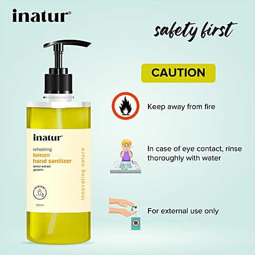Inatur Refreshing Hand Sanitizer - Lemon Extract, Alcohol Based, Kills 99.9% Germs, 500 ml