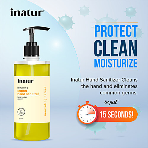 Inatur Refreshing Hand Sanitizer - Lemon Extract, Alcohol Based, Kills 99.9% Germs, 500 ml