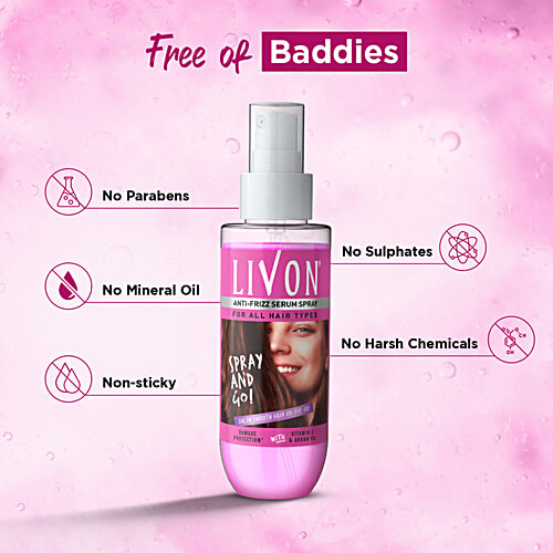 Livon Serum Anti-frizz Serum Spray - For All Hair Types, Damage Protection, With Vitamin B & Argan Oil, 100 ml  With Vitamin B & Argan Oil