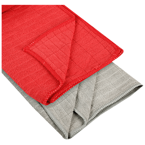 Liao Micro Fibre Cleaning/Dusting Cloth - G130061, Soft, Super Absorbent, Quick Dry, Red & Grey, 2 pcs  