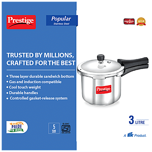 Prestige Popular Stainless Steel Outer Lid Pressure Cooker - Induction Base, 20651, 3 L