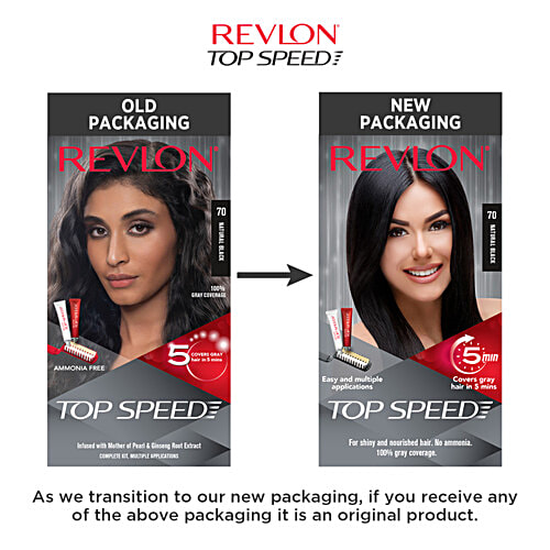 Revlon Top Speed Hair Colour for Women, 1 Pack, Natural Black 70 Covers Grey Hair in 5 Minutes, Ammonia Free With 100% Grey Coverage, Infused With Mother Of Pearl & Ginseng Root Extract For Intense Conditioning