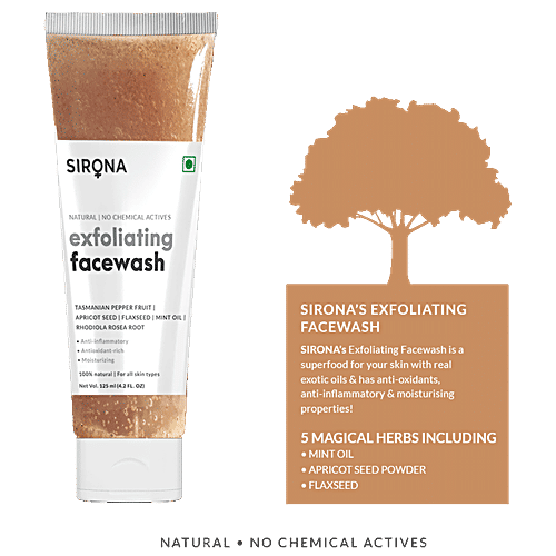SIRONA Exfoliating Natural Face Wash for Men & Women - 125 ml | Anti Acne | Suitable For All Skin Type| Reduces Blemishes| Anti-Ageing | Facial Cleanser With Apricot, Flax-Seed Extracts, 125 ml  