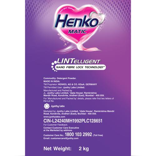 Henko Matic Lintelligent Detergent Powder - Top Load, 2 kg  Stain Removal, Nano Fibre Lock Technology