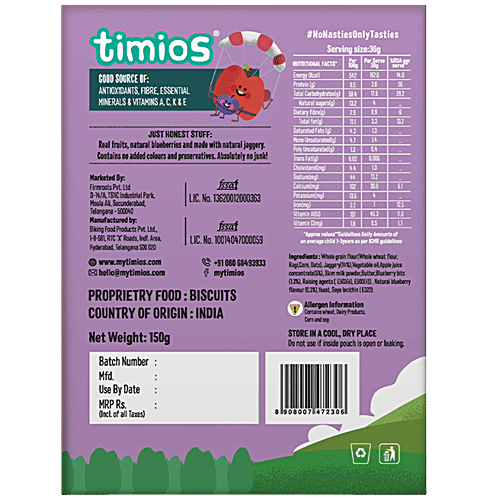 Timios Zookers Animal Shaped Biscuits - With Apple & Blueberry Bits, 12+ Months, 150 g  Rich in Protein, Transfat Free
