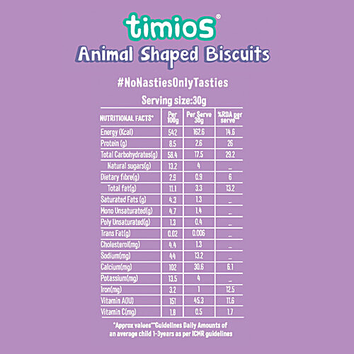 Timios Zookers Animal Shaped Biscuits - With Apple & Blueberry Bits, 12+ Months, 150 g  Rich in Protein, Transfat Free