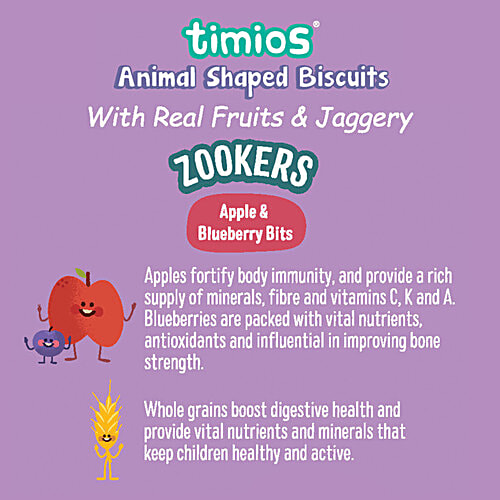Timios Zookers Animal Shaped Biscuits - With Apple & Blueberry Bits, 12+ Months, 150 g  Rich in Protein, Transfat Free