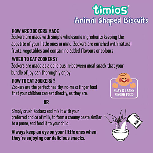 Timios Zookers Animal Shaped Biscuits - With Apple & Blueberry Bits, 12+ Months, 150 g  Rich in Protein, Transfat Free