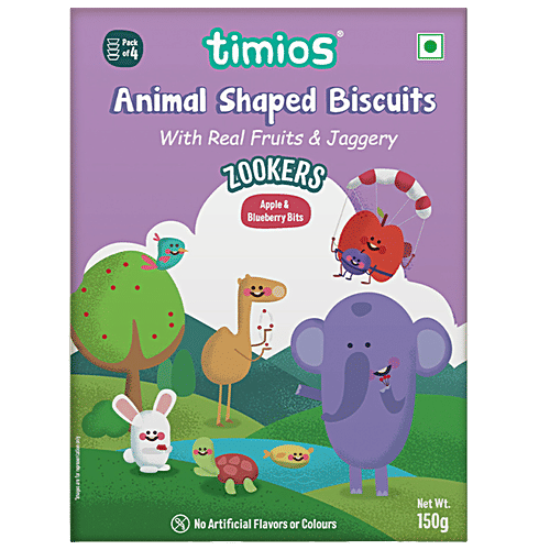 Timios Zookers Animal Shaped Biscuits - With Apple & Blueberry Bits, 12+ Months, 150 g  Rich in Protein, Transfat Free