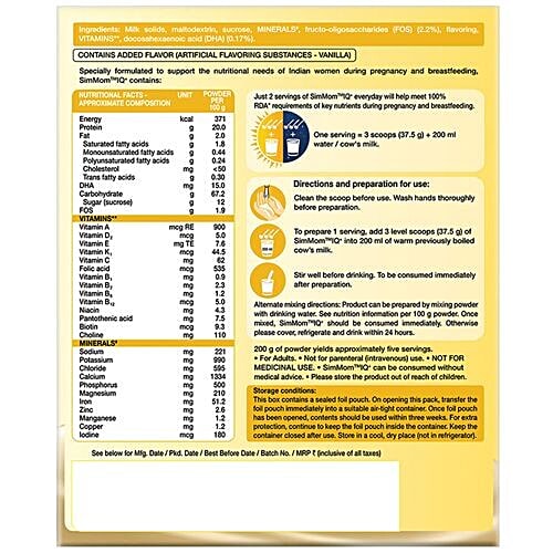 Similac Simmom IQ+ Maternal Nutrition With DHA - Vanilla Nutrition Drink, Food For Pregnant & Breastfeeding Women, Rda For Iron, Calcium, Vitamin B12 & Folic Acid, 200 g  Rda For Iron, Calcium, Vitamin B12 & Folic Acid