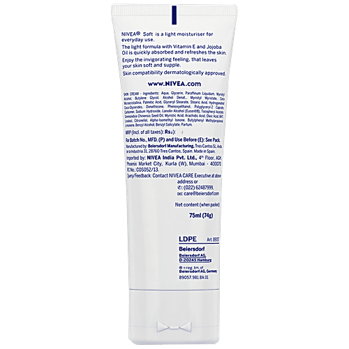 Nivea Soft Light Moisturiser - Vitamin E & Jojoba Oil, 75 ml Tube Fresh & Soft Skin