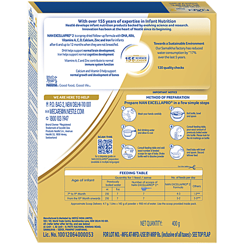 Nestlé NAN EXCELLAPRO Stage 2 Follow-Up For 6-12 Months, 400 g  DHA & ARA, Vitamins A,C&D, Source of Calcium,Zinc & Iron