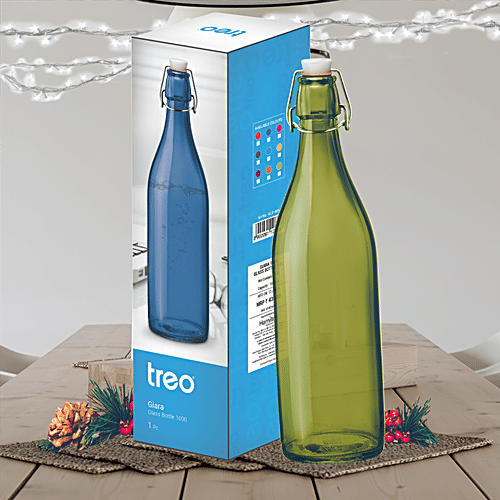 Treo Spray Glass Water Bottle With Cork - Green, 1 L  100% Leak Proof, Dishwasher Safe