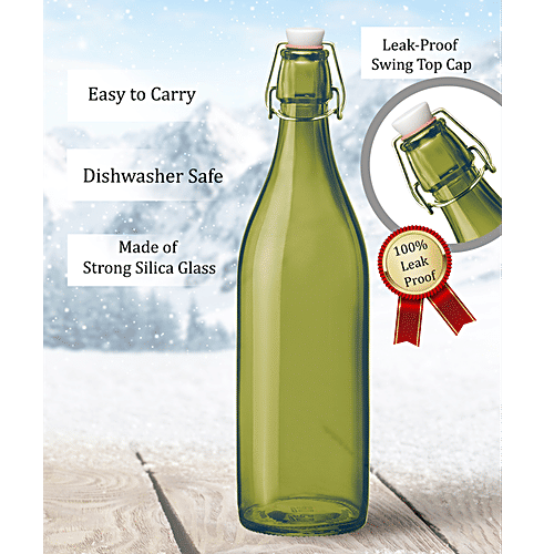 Treo Spray Glass Water Bottle With Cork - Green, 1 L  100% Leak Proof, Dishwasher Safe