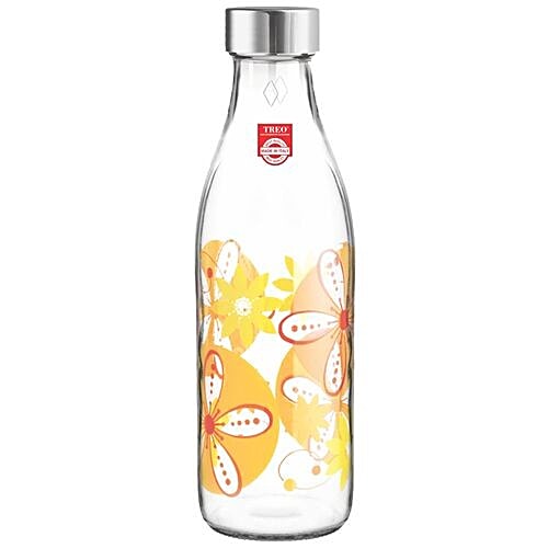 Treo Ivory Premium Glass Bottle - With Yellow & Orange Floral, 1 L  