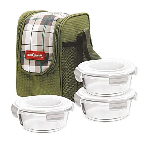 Treo Health First Round Glass Tiffin Set - With Olive Green Bag, 380 ml (Set of 3) 