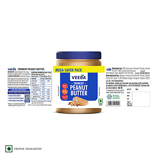 Veeba Crunchy Peanut Butter, 900 g 26% Protein, Roasted Peanuts, Trans Fat Free