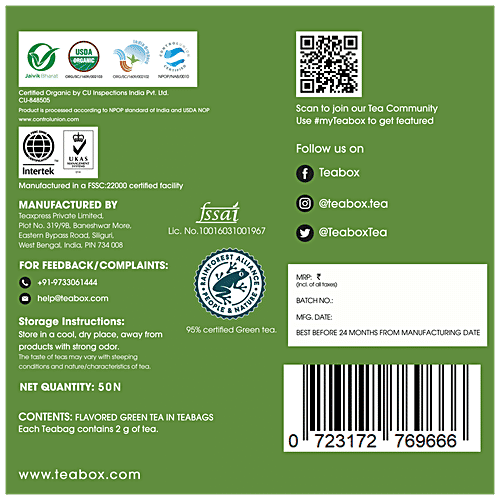 Teabox Organic Darjeeling Green Tea Bags - Weight Loss Support, Antioxidant Rich, 104 g (50 + 2 Bags x 2 g each) 