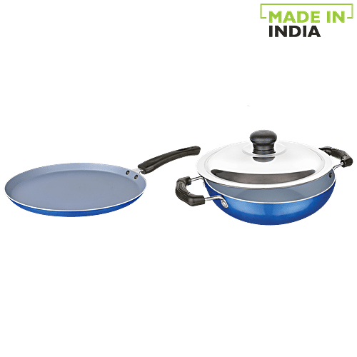 Nirlon Non-Stick Cookware Gift Set - Blue, Flat Tawa 26 cm + Kadai with SS Lid 22.5 cm, 2.8 mm, 2 pcs (26 cm + 22 cm) Scratch Resistant