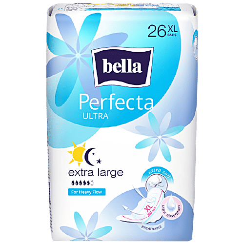 Bella Perfecta Ultra Sanitary Napkins - XL, Maxi Blue, For Sensitive Skin, Latex Free, No Perfume, 26 pcs  Latex Free, No Perfume