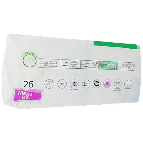 Bella Perfecta Ultra Silky Drai Sanitary Napkins - XL, Maxi Green, For Heavy Flow, Latex Free, No Perfume, 26 pcs  Latex Free, No Perfume