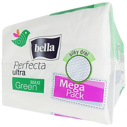 Bella Perfecta Ultra Silky Drai Sanitary Napkins - XL, Maxi Green, For Heavy Flow, Latex Free, No Perfume, 26 pcs  Latex Free, No Perfume