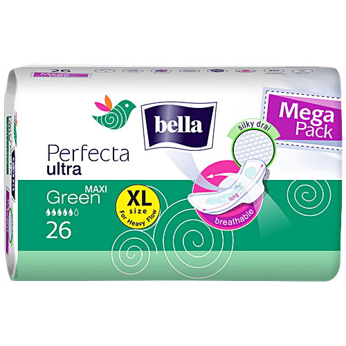 Bella Perfecta Ultra Silky Drai Sanitary Napkins - XL, Maxi Green, For Heavy Flow, Latex Free, No Perfume, 26 pcs  Latex Free, No Perfume