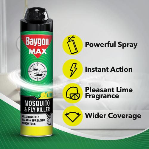 Baygon Max Mosquito & Fly Killer Spray - Lime Fragrance, Double Nozzle, 400 ml  Kills On Contact