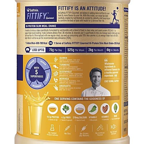Saffola FITTIFY Gourmet Alphonso Mango Hi-Protein Slim Meal-Shake - No Added Sugar, 420 g Bottle Goodness of Vitamin C, E & Iron