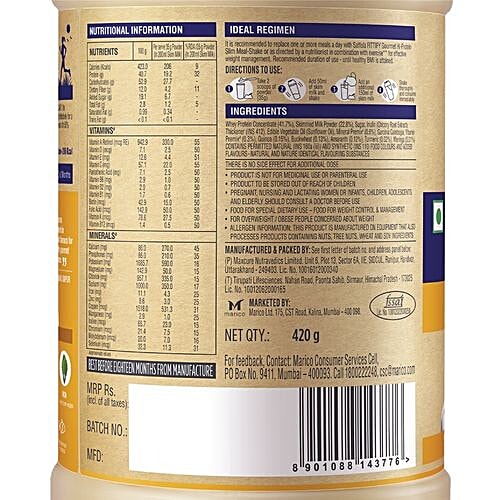 Saffola FITTIFY Gourmet Alphonso Mango Hi-Protein Slim Meal-Shake - No Added Sugar, 420 g Bottle Goodness of Vitamin C, E & Iron