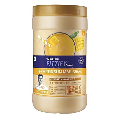 Saffola FITTIFY Gourmet Alphonso Mango Hi-Protein Slim Meal-Shake - No Added Sugar, 420 g Bottle Goodness of Vitamin C, E & Iron