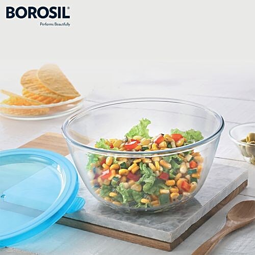 Borosil Borosilicate Select Glass Mixing Bowl With Blue Lid - Oven & Microwave Safe, 900 ml  