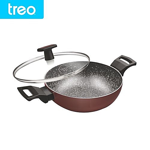 Treo Aluminium Kadai - 3 Layer, Induction Base, Non Stick Coated, 24 cm, 3 mm, with Lid, Backlite Handle, La Culinaire Granito, 1 pc  