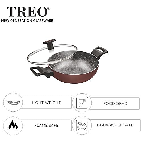 Treo Aluminium Kadai - 3 Layer, Induction Base, Non Stick Coated, 24 cm, 3 mm, with Lid, Backlite Handle, La Culinaire Granito, 1 pc  